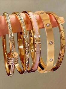 1 chiếc/5 chiếc Vòng tay kiểu dáng tối giản, thanh lịch, sang trọng đính sao lấp lánh, chất liệu thép titan, hàng mới về, dành cho nữ. - Vàng 14 - Xem 9
