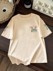 Teens Boys' Casual Summer T-Shirt, Beach Holiday Scenery Print Round Neck Short Sleeve Tee, New Kids Summer Tops - Apricot - View 3