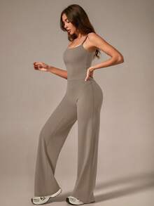 TimeOff Women's Solid Color Spaghetti Strap Removable Padded Camisole And Straight Leg Relaxed Fit Pants Activewear Set, Spring/Summer - Coffee Brown - View 7