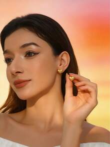 1 Pair Of Minimalist Textured Stainless Steel Mini Heart-Shaped Stud Earrings, Suitable For Everyday Wear - Multicolor - View 3