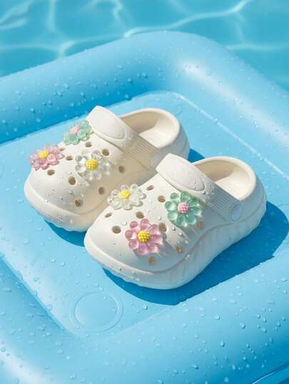 New Kids' Slippers White With Colorful 3D Flower, Sunflower Pattern, Cute & Fashionable, Elegant & Versatile, Suitable For Girls, Comfortable Sandals For Indoor, Shower, Bedroom, Outdoor, Walking, Travel, School, Beach, Spring/Summer