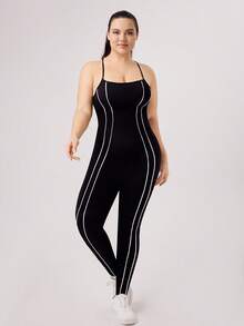 NcmRyu 1pc Women Plus Size Striped Contrast Color Spaghetti Strap Bodycon Jumpsuit, Spring/Summer - Black - View 6