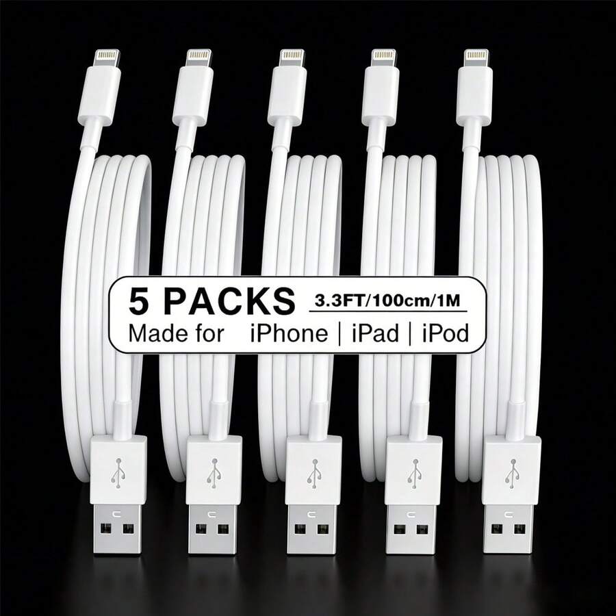 1-5 Packs 100cm/3.3FT Fast Charging & High-Speed Data Sync USB Cable Compatible With IPhone 14/13/12/11 Pro Max, Pro/Air/Mini And More - White - View 1