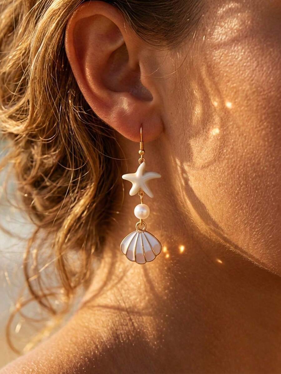 2pcs Ocean Vacation Style Starfish & Faux Pearl Shell Drop Earrings, Suitable For Daily Wear And Beach Vacation, Gift For Women (Starfish Hole Position And Arrangement Are Random, Please Do Not Order If You Mind) - Yellow Gold - View 1