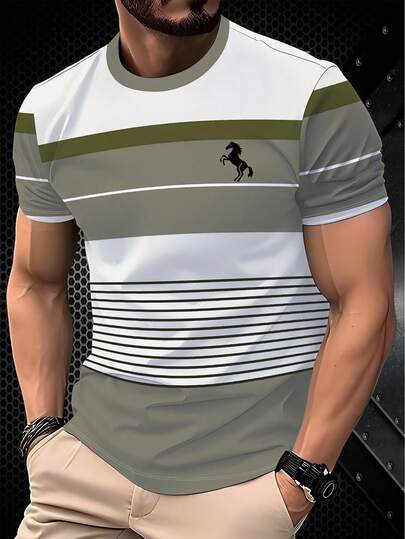 男士时尚条纹拼接3D印花短袖T恤