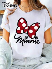 Disney Lady's T-Shirt, Featuring The Mickey Mouse Bow Cartoon Pattern. The Fabric Is Soft, Comfortable And Durable. This Is A Summer/Winter Ladies' Round-Neck T-Shirt, Suitable For Daily Wear, Shopping, Attending Parties And Gatherings. It Is Also More Suitable For Daily Outfits And As A Gift. - White - View 1