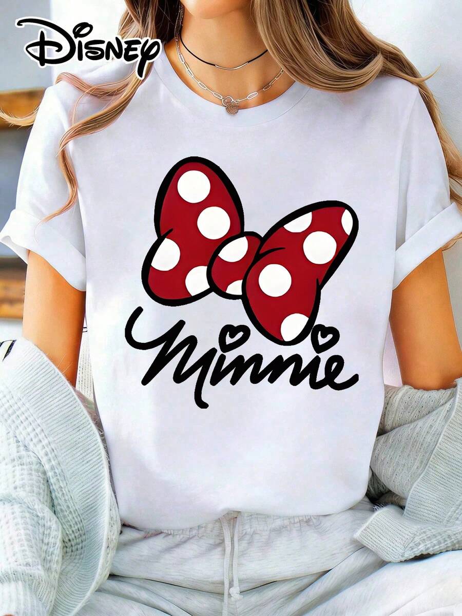 Disney Lady's T-Shirt, Featuring The Mickey Mouse Bow Cartoon Pattern. The Fabric Is Soft, Comfortable And Durable. This Is A Summer/Winter Ladies' Round-Neck T-Shirt, Suitable For Daily Wear, Shopping, Attending Parties And Gatherings. It Is Also More Suitable For Daily Outfits And As A Gift. - White - View 1