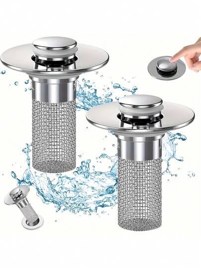 2pcs Stainless Steel Pop-Up Sink Drain Filter, With Removable Basket, Suitable For Bathtub/Shower Drain, Hair Catcher To Prevent Clogging, Easy To Replace And Clean Without Chemicals