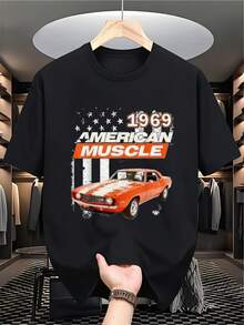 Camiseta Vintage para Hombre con Estampado de Coche Deportivo Americano de 1969 - Diseño Retro de Coche Deportivo en Algodón Grueso, perfecta para el uso diario casual y eventos temáticos de entusiastas de los coches.La camiseta con temática automotriz está hecha de tela lavable a máquina, adecuada para todas las estaciones, y es ideal para diversas festividades como Navidad, Pascua, Halloween, Acción de Gracias, entre otras. - Negro - Ver 1