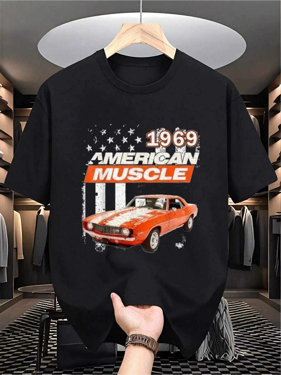 Camiseta Vintage para Hombre con Estampado de Coche Deportivo Americano de 1969 - Diseño Retro de Coche Deportivo en Algodón Grueso, perfecta para el uso diario casual y eventos temáticos de entusiastas de los coches.La camiseta con temática automotriz está hecha de tela lavable a máquina, adecuada para todas las estaciones, y es ideal para diversas festividades como Navidad, Pascua, Halloween, Acción de Gracias, entre otras. - Negro - Ver 1