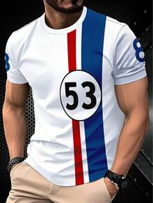 Áo thun thời trang thường ngày 100% Polyester với áo trắng tươi mát và tay ngắn sọc đỏ xanh in số 53 bắt mắt - màu đen - Xem 1