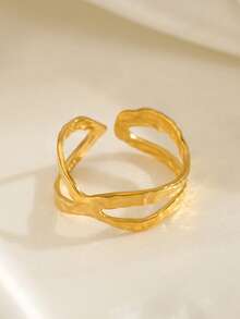 1pc Stainless Steel 18K Gold Plated Geometric Criss-Cross Open Ring, Fashionable Daily Wear For Women - Gold - View 3