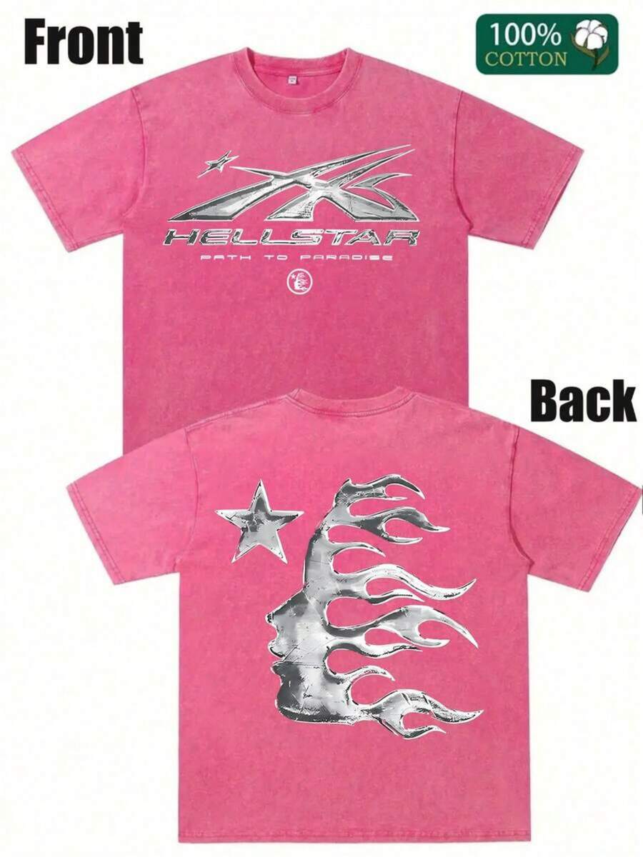 Men's Printed Pattern Washed T-Shirt - Casual Loose Summer T-Shirt With Star And Flame Design, Adult Brown 100% Pure Cotton Round Neck Shirt, Breathable T-Shirt | Avant-Garde Casual Wear | 100% Pure Cotton Printed T-Shirt - Rose Red - View 1