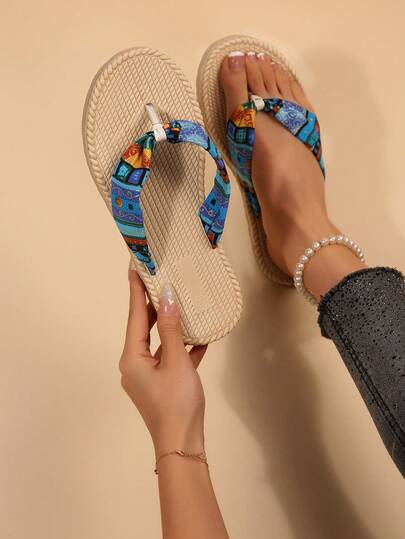 女士波西米亚佩斯利花纹彩虹印花人字拖，休闲编织底轻便防滑凉鞋，舒适夏季沙滩/假日日常穿着鞋