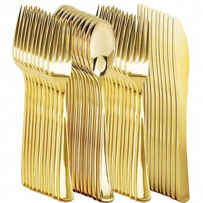 18pcs - 6 Knives, 6 Forks, 6 Spoons UV Material Cutlery Set, Gold & Rose Gold Color, Disposable Flatware For Birthday Party, Banquet