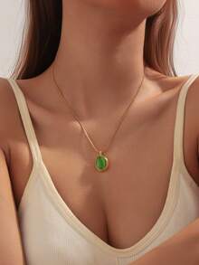 1件复古时尚棕绿色天然石吊坠项链，心形和水滴形椭圆几何不锈钢18K镀金颈链，女士珠宝礼物 - 金黃色 - 查看 2