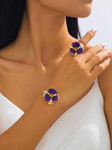 6pcs Fashionable Elegant High-End Stainless Steel Flower Enamel Earrings, Necklace, Ring, Bracelet Jewelry Set, Versatile Sweet Ins Style Jewelry Suitable For Women, Party, Daily Wear - Purple - View 5