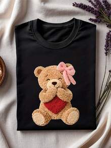 Faux Yarn Teddy Bear T-Shirt, Coquette Bear Shirt, Plush Heart Bear Tee, Pink Bow Love Bear Crew Neck, Cute Chunky Knit Bear Short Sleeve. GA424 - màu đen - Xem 1