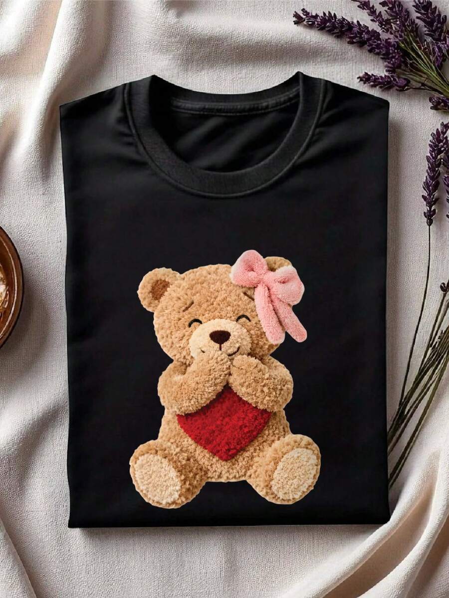 Faux Yarn Teddy Bear T-Shirt, Coquette Bear Shirt, Plush Heart Bear Tee, Pink Bow Love Bear Crew Neck, Cute Chunky Knit Bear Short Sleeve. GA424 - màu đen - Xem 1