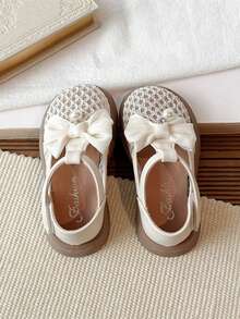 1 Pair Girls' Shoes, Children's Bowknot Hollow-Out Princess Shoes, Versatile Little White Shoes, Toddler Hook And Loop Performance Shoes - Beige - View 5