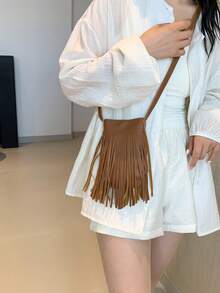 Bolso de hombro tipo cubo de gran capacidad, minimalista y de moda casual con flecos - Marrón - Ver 5