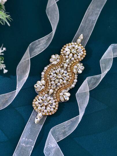 1 pieza Cinturón nupcial hecho a mano de color dorado, decorado con perlas y diamante de imitación, accesorio de vestido de novia y fiesta con tema de princesa, decoración de cintura elegante para boda, festival de música, banquete, uso diario, regalo