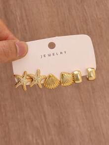 6/18 piezas Pendientes de aro con forma de estrella de mar y concha chapados en oro, pendientes gruesos, pendientes circulares, pendientes grandes en forma de C exagerada, set de pendientes para mujer - Amarillo Oro - Ver 13