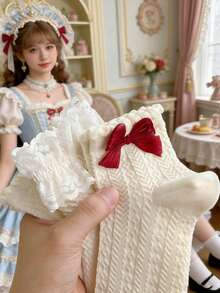 1 Pair Women's White Princess Short Socks, Lolita Style Socks, Thin Fashionable Knee-High Socks With Bow, Summer - White - View 2