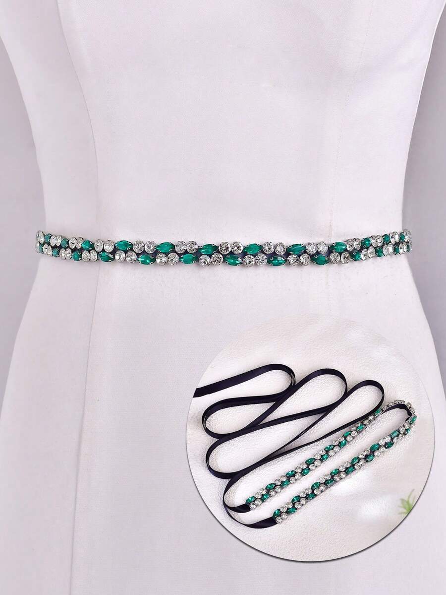 1pc Women's Belt, Emerald Rhinestone Studded Belt, Crystal Waist Belt, Handmade Bridal Belt, Suitable For Wedding Gown, Prom, Party, Birthday, Daily Wear, Gift - Green + Black Ribbon - View 1