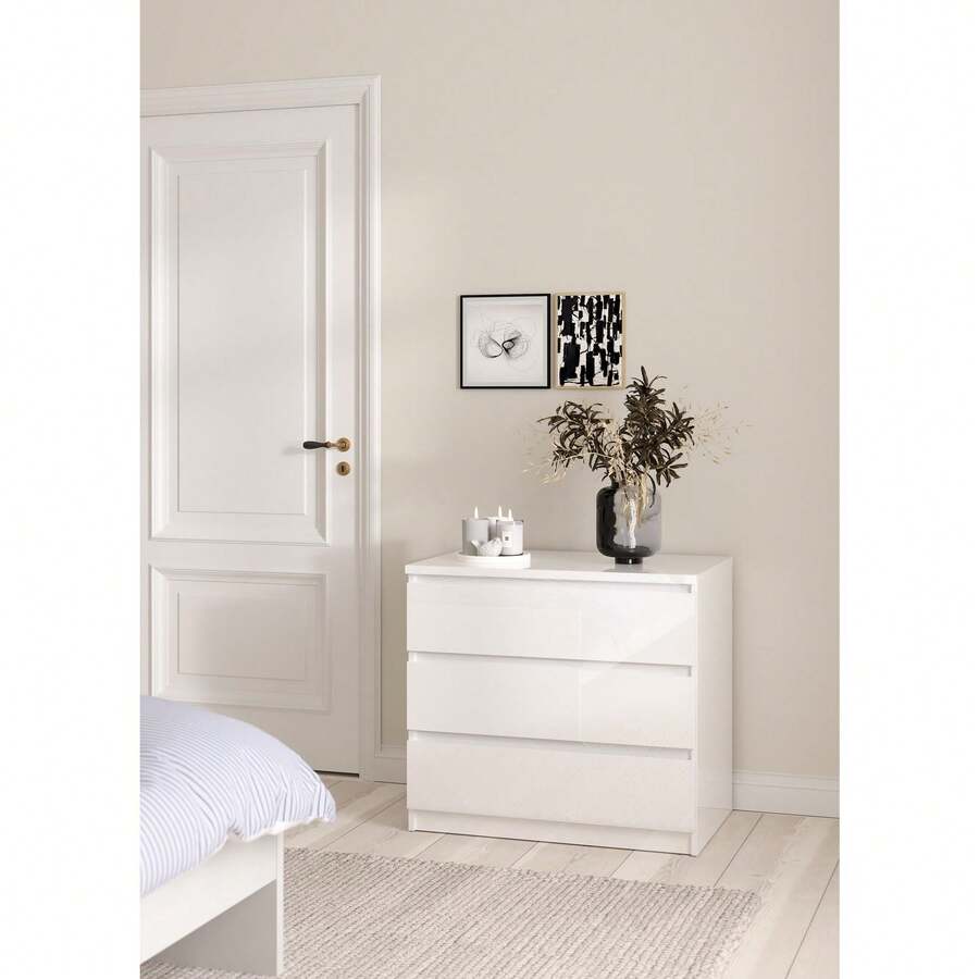 Interior Chest Of Drawers, Bedroom Dresser Sil Gloss White With 3 Drawers, High Gloss White, 77 X 50 X 71 Cm - High Gloss White - View 1