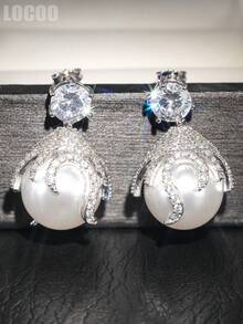 1 Pair Luxury Cubic Zirconia & Faux Pearl Drop Earring For Women For Wedding Engagement Anniversary Party Jewelry Valentine's Day Gift - 1# - View 4
