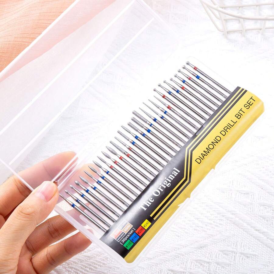 30pcs Nail Drill Bit Set, Nail Grinding Heads, Russian Cuticle Removal, Nail Polishing Bits, Full Box - Silver - View 1