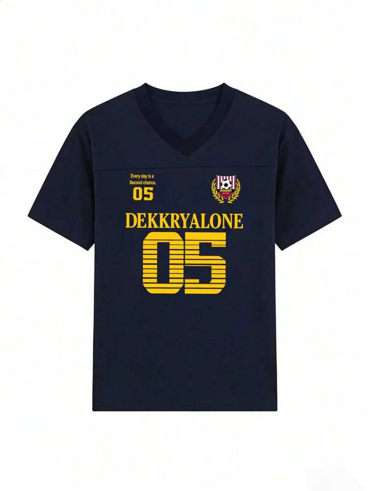 Women's Loose Casual V-Neck Letter & Football Print Short Sleeve T-Shirt, Summer - Navy Blue - View 4