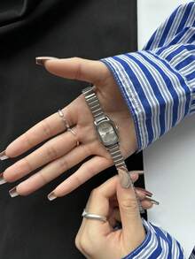 1pc Oval Retro Style Gold Bamboo Strap Quartz Women's Watch, Elegant & Refined, Suitable For Daily Wear, Birthday Gift, Party And Other Occasions - 銀色 - 查看 5