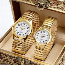 XAPWV 2pcs Gold Couple Quartz Watches, Casual Arabic Numeral Fashion Elastic Strap Pair Of Men And Women Watches - Gold - View 5