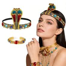 2件套金色水钻蛇头埃及艳后服装配饰套装，蛇头发饰+串珠发箍，适合狂欢节派对表演 - 金色 - 查看 8