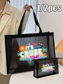 Cruise Time Ship Pattern Letter Printed Mesh Bag, Storage Bag, Toilet Bag, Large Capacity Handbag, Girl's Gift, Mother's Day Gift, Lightweight Foldable Storage Bag, Suitable For Personal Travel Cosmetics Storage, Easy To Clean, Travel Toilet Bag, Birthday Gift, Travel Makeup Tool, Teacher's Gift, Lover's Gift, Birthday Gift, Travel Essential, Dormitory Essential, Meeting Daily Travel Needs, , Birthday Gift,Birthday Gift, Mother's Day Gift, Graduation Season, Wedding Anniversary - Multicolor - View 8