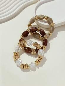 LADYCOCO 3pcs Vintage Thick Multi-Layer Multi-Color Acrylic Beaded Bracelet, Transformable Gold Chip Bracelet, Suitable For Women, Couples, Parties, Daily Wear - Multicolor - View 3