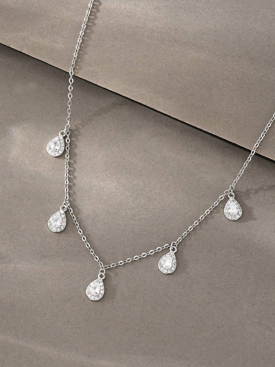 1pc Silver-Tone Necklace, Versatile Copper Cubic Zirconia Necklace, Suitable For Dates, Parties, Gifts, And Daily Wear - Silver - View 1