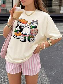 1件女童休闲印花圆领短袖T恤，夏季学生少女装 - 简约英文字母风格T恤，激发想象力和自我表达 - 杏色 - 查看 2