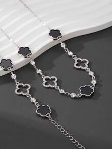 1 Set Luxury Rhinestone Hollow Clover & Flower Pendant Necklace And Bracelet Jewelry Set, Versatile Gift For Her - Black - View 5
