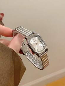 1pc Oval Retro Style Gold Bamboo Strap Quartz Women's Watch, Elegant & Refined, Suitable For Daily Wear, Birthday Gift, Party And Other Occasions - 銀色 - 查看 10