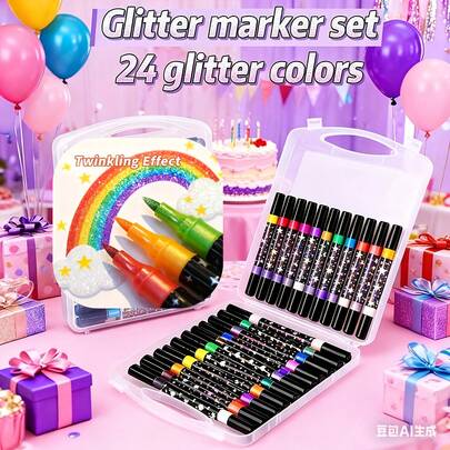 双头闪光马克笔 | 速干凝胶墨水，笔尖由细到粗，适用于剪贴簿、卡片制作、日记、绘画 - 塑料材质