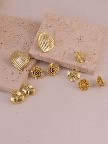 5 Pairs Heart, Flower, Clover Earrings Set, Ins Style Versatile Accessories, Vintage Design Suitable For Women's Daily Wear - Gold - View 3