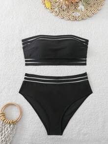 两件套网纱撞色黑色抹胸高腰比基尼泳衣，适合夏季海滩度假休闲穿着 - 黑色 - 查看 6