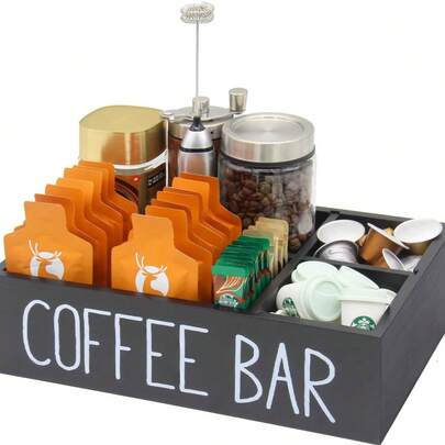 ที่เก็บของสถานีกาแฟพร้อมตัวแบ่งที่ถอดออกได้, ที่วางแก้วแบบใช้แล้วทิ้ง, ที่จัดระเบียบโต๊ะไม้สำหรับเก็บชา, เครื่องเทศ, อุปกรณ์เสริม, ของตกแต่งเคาน์เตอร์บาร์สไตล์ฟาร์มเฮาส์, บาร์กาแฟ, ร้านอาหาร, โต๊ะเครื่องแป้งในห้องนั่งเล่น, พื้นที่พักผ่อน, ของขวัญวันหยุด