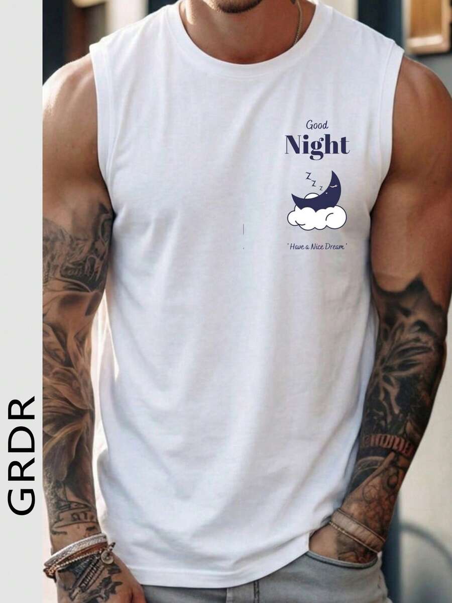 GRDR 男士夏季休闲宽松百搭无袖背心，时尚简约印花百搭圆领 - 白色 - 查看 1