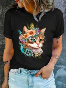 Camiseta Feminina de Gola Redonda Estampada com Gato Laranja, Moda T-shirt Feminina com Estampa de Gato Laranja, Camiseta Casual De Manga Curta, Promoção Blusinha Feminina, Conforto para Todas as Estações - Preto - Visão 1