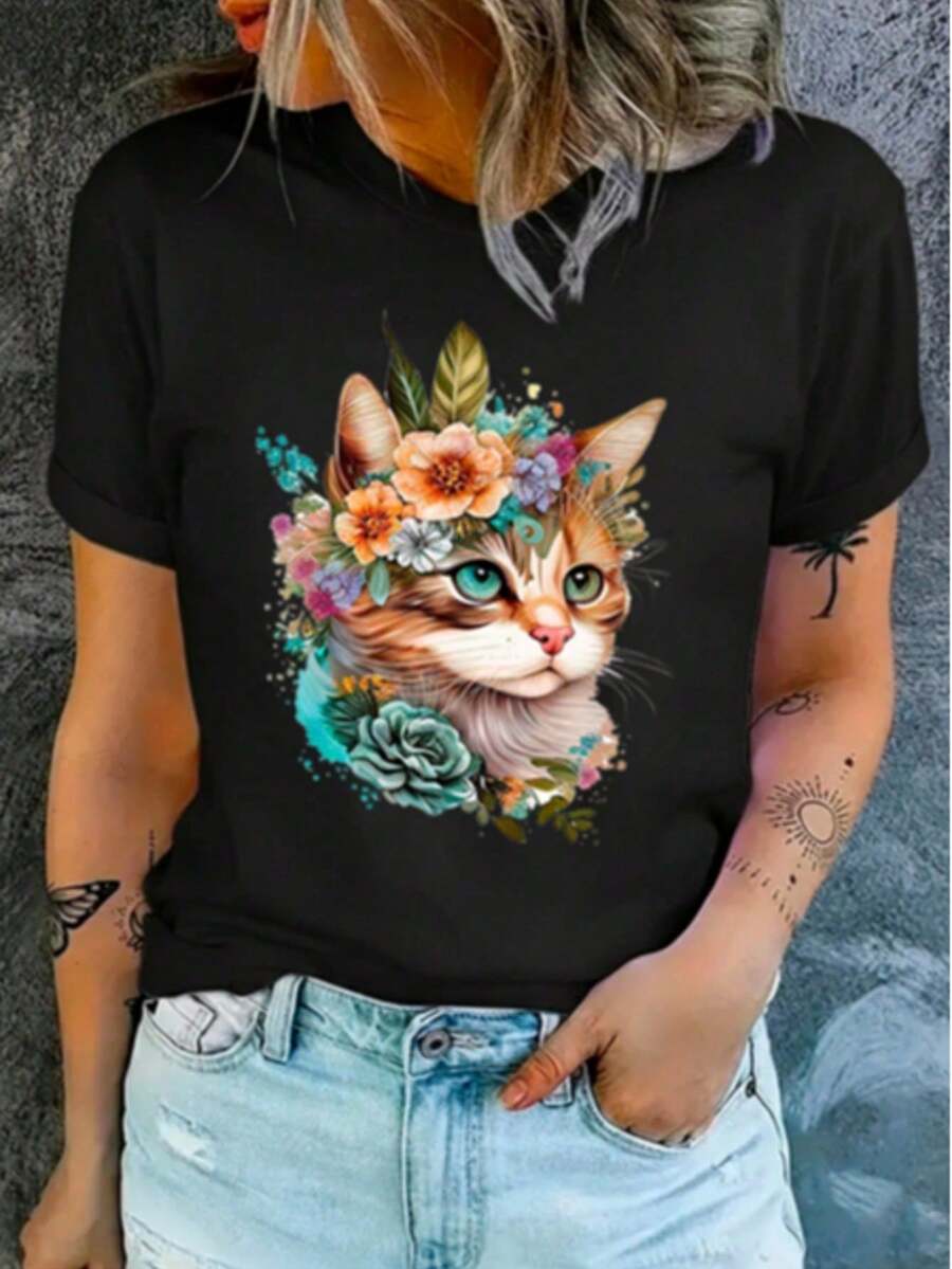 Camiseta Feminina de Gola Redonda Estampada com Gato Laranja, Moda T-shirt Feminina com Estampa de Gato Laranja, Camiseta Casual De Manga Curta, Promoção Blusinha Feminina, Conforto para Todas as Estações - Preto - Visão 1