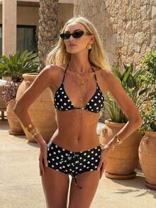 LUCKY HOLIDAY 2026 New Women's Fashion Sexy Triangle Bikini 2-Piece Set, Triangle Bikini Swimsuit With Polka Dot Pattern And Tie Strap, Suitable For Beach Vacation - Black and White - View 1